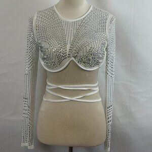 Banjul Top M White Rhinestones Sheer Long Sleeve Cropped Tie Detail